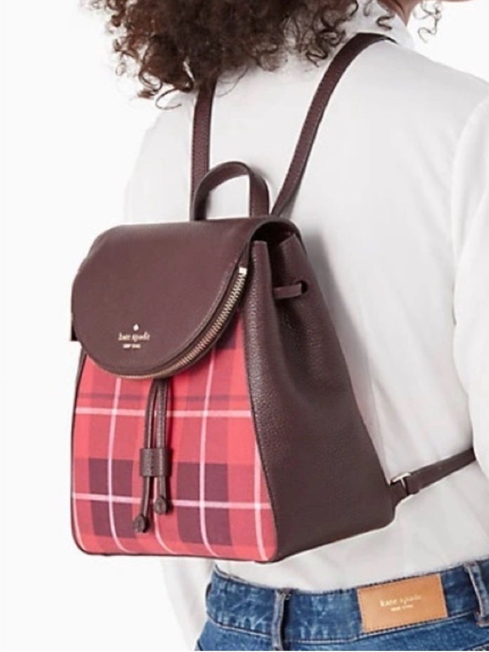 kate spade Leila red and black plaid Backpack with leather trim Near new - Picture 3 of 14